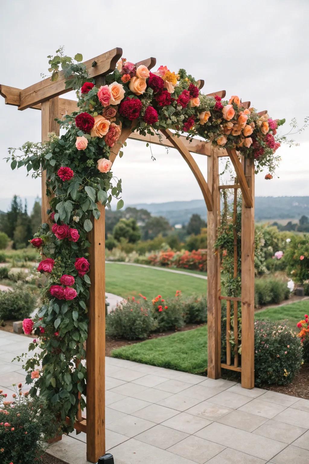 A garden-inspired floral arch bursting with color and life.