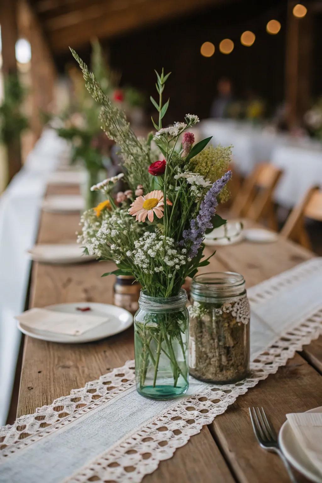 Mason jar centerpieces filled with vibrant wildflowers.
