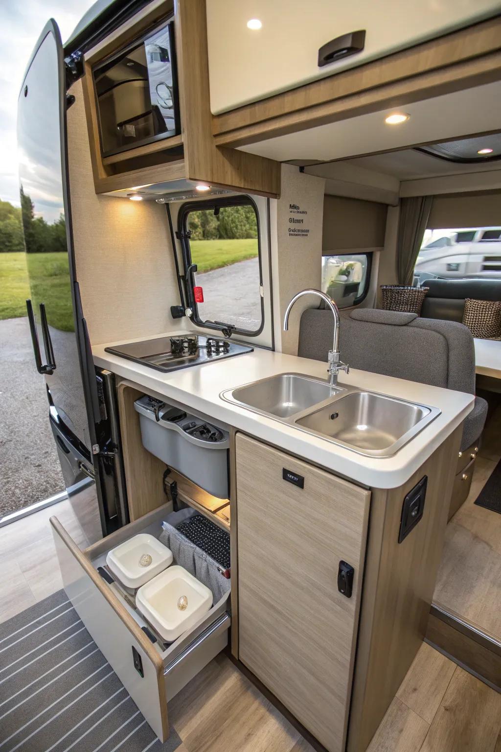 An RV kitchen with a foldable sink for space efficiency.