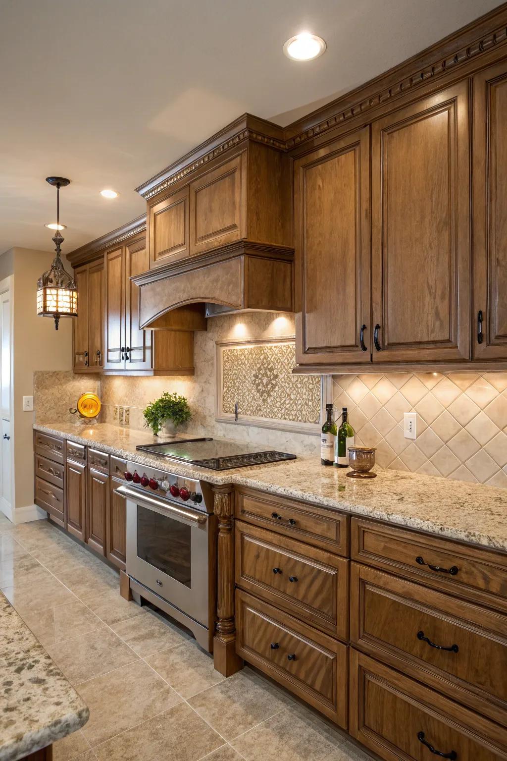 Warm taupe tiles beautifully highlight the gold hues in Santa Cecilia granite.