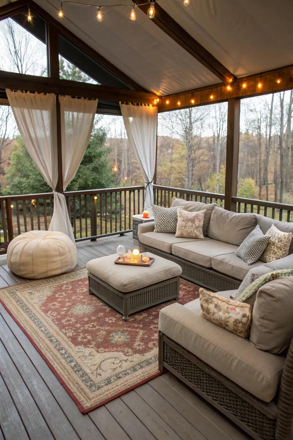 Create a cozy indoor-outdoor lounge on your deck.