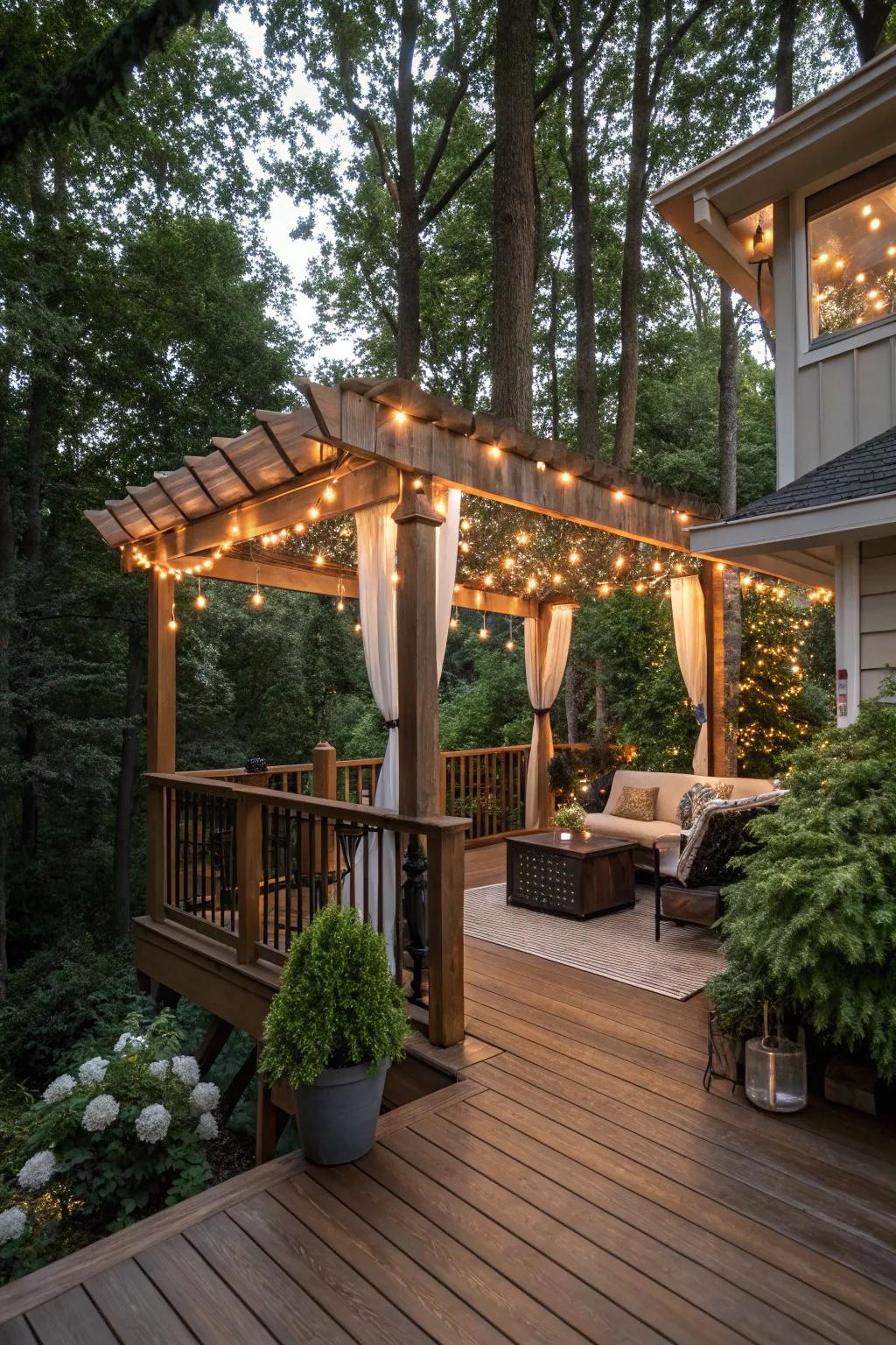 A pergola-topped deck offering shaded elegance and a cozy ambiance.