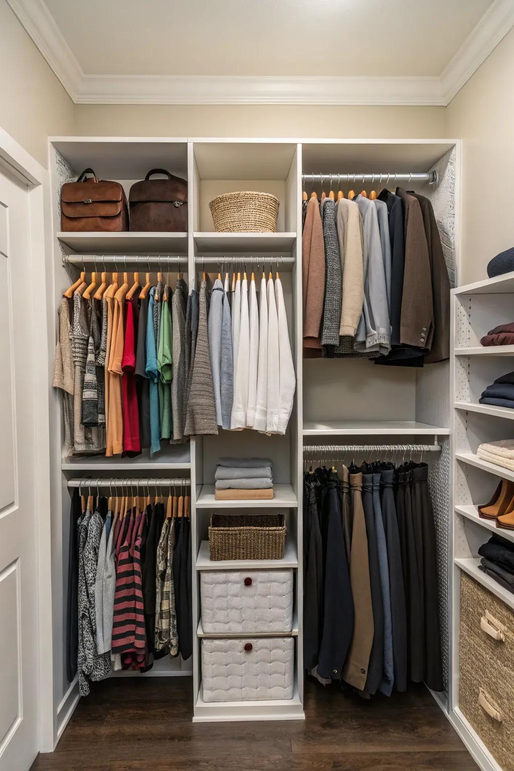 A closet utilizing vertical space with high shelves and double rods.