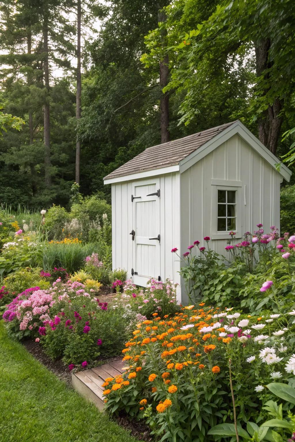 A crisp white shed offers a clean, modern look in any garden.