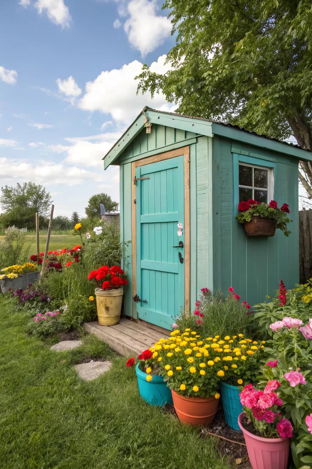 A garden shed with a turquoise door, adding a splash of color to the garden.