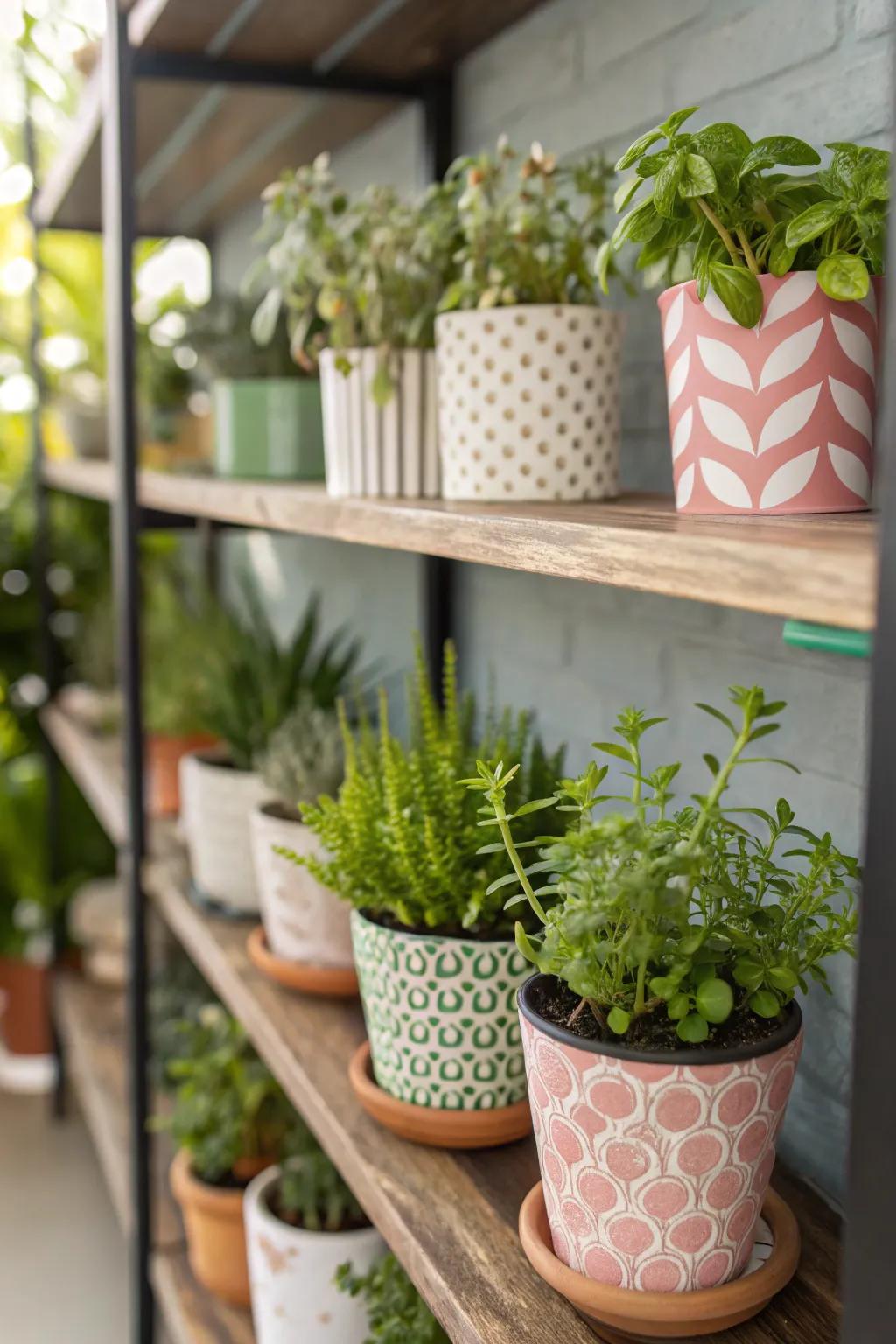 A shelf adorned with small potted plants and greenery.