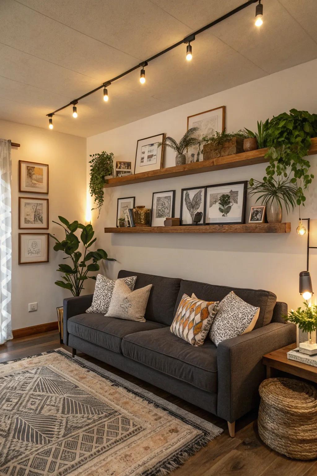 Floating shelves add a minimalist and airy feel.