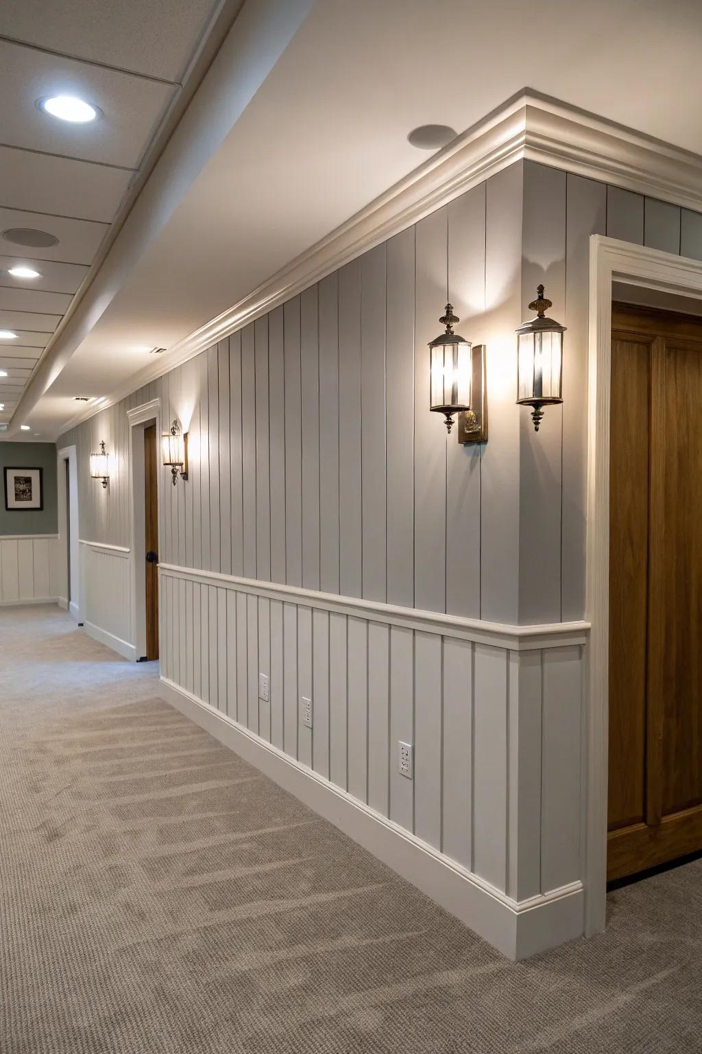 Vertical shiplap walls add height to this stylish basement.