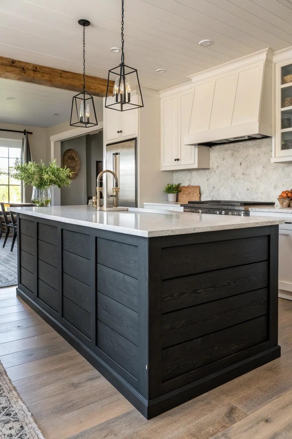 Dark shiplap creates a striking contrast with light stone countertops.