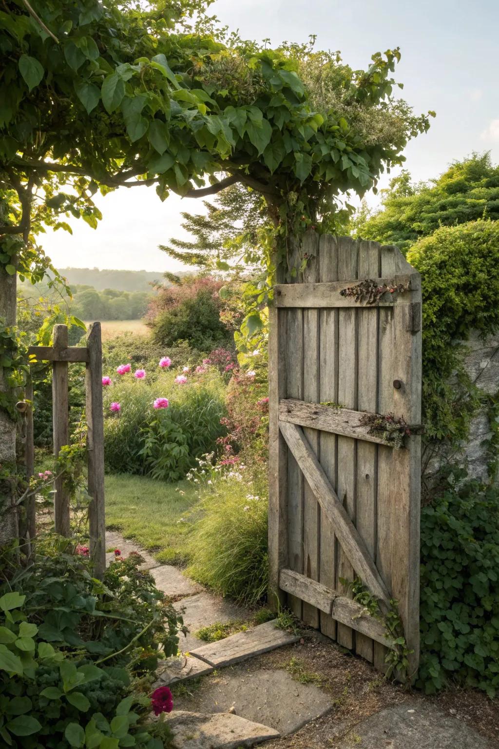 A rustic wooden gate that adds warmth to the garden.