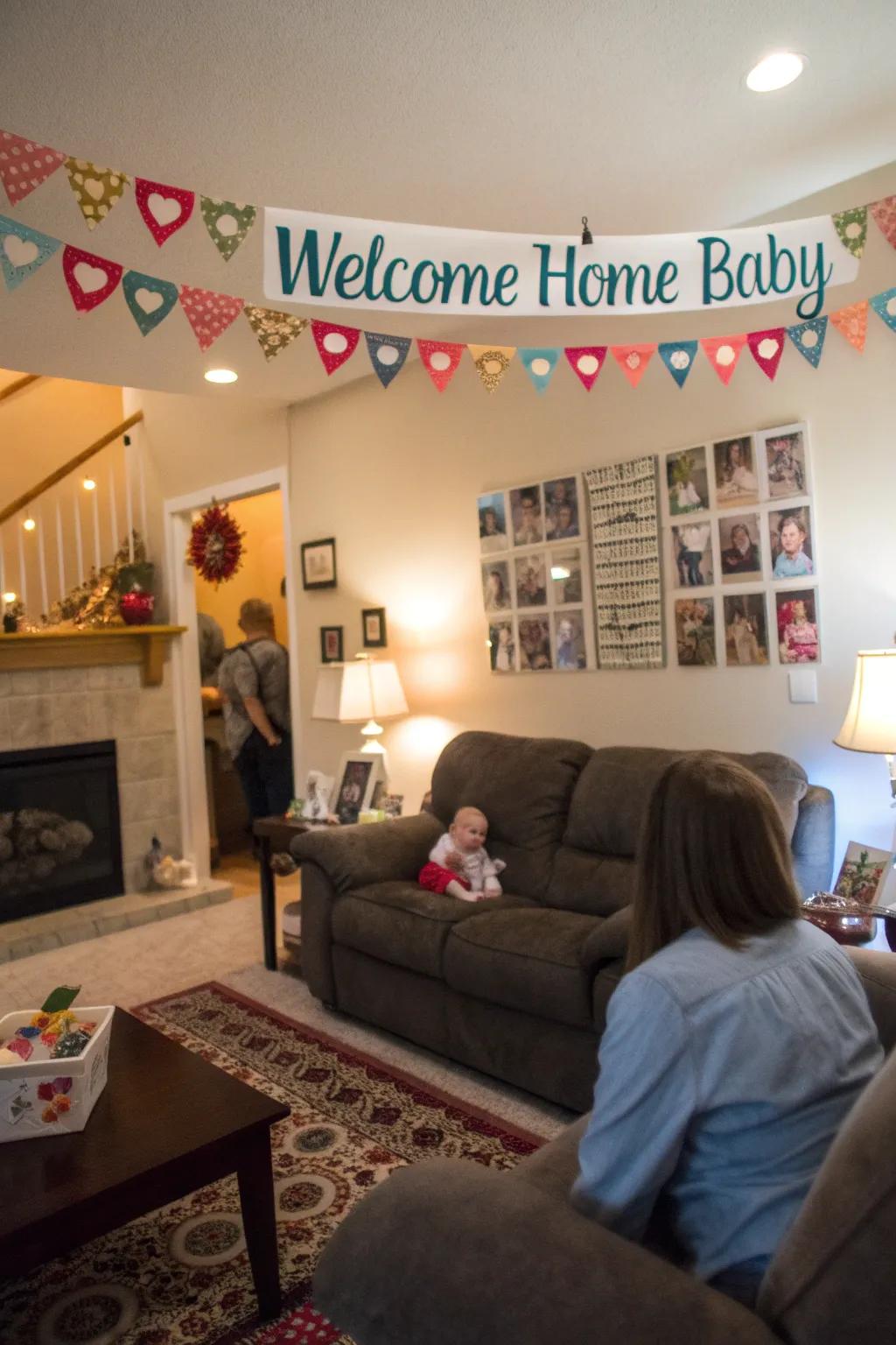 A personalized banner adds a special touch to the welcome decor.