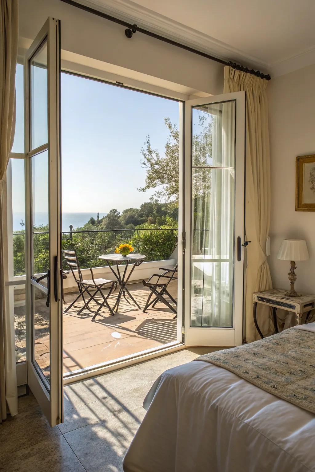 Bright, airy bedroom with expansive glass doors connecting to the balcony.