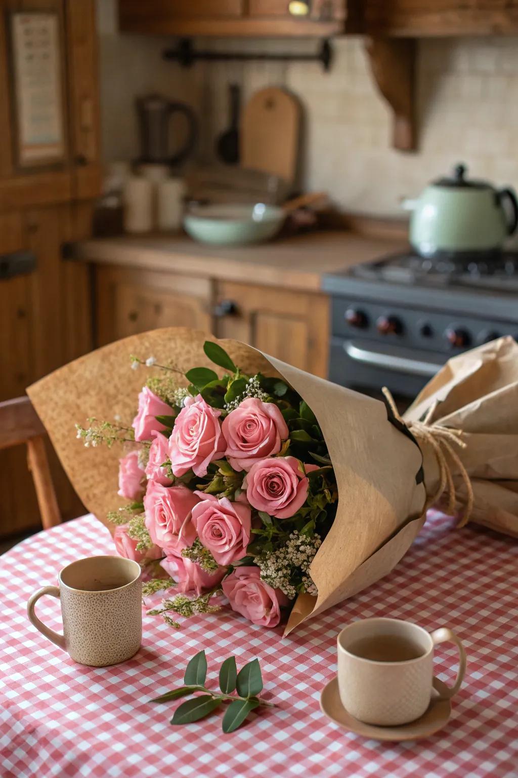 Roses wrapped in brown kraft paper for a rustic charm.