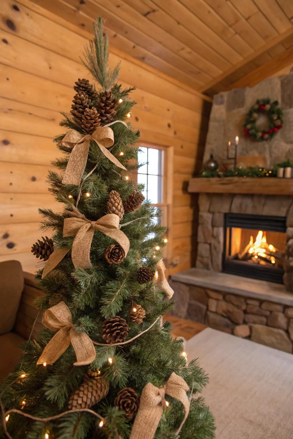 Rustic decorations add warmth and charm to a slim tree.