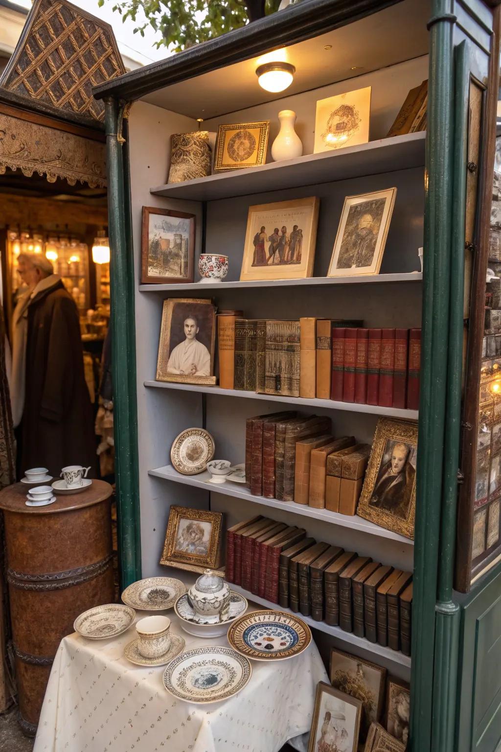 Vertical shelves showcasing collectibles and antique books