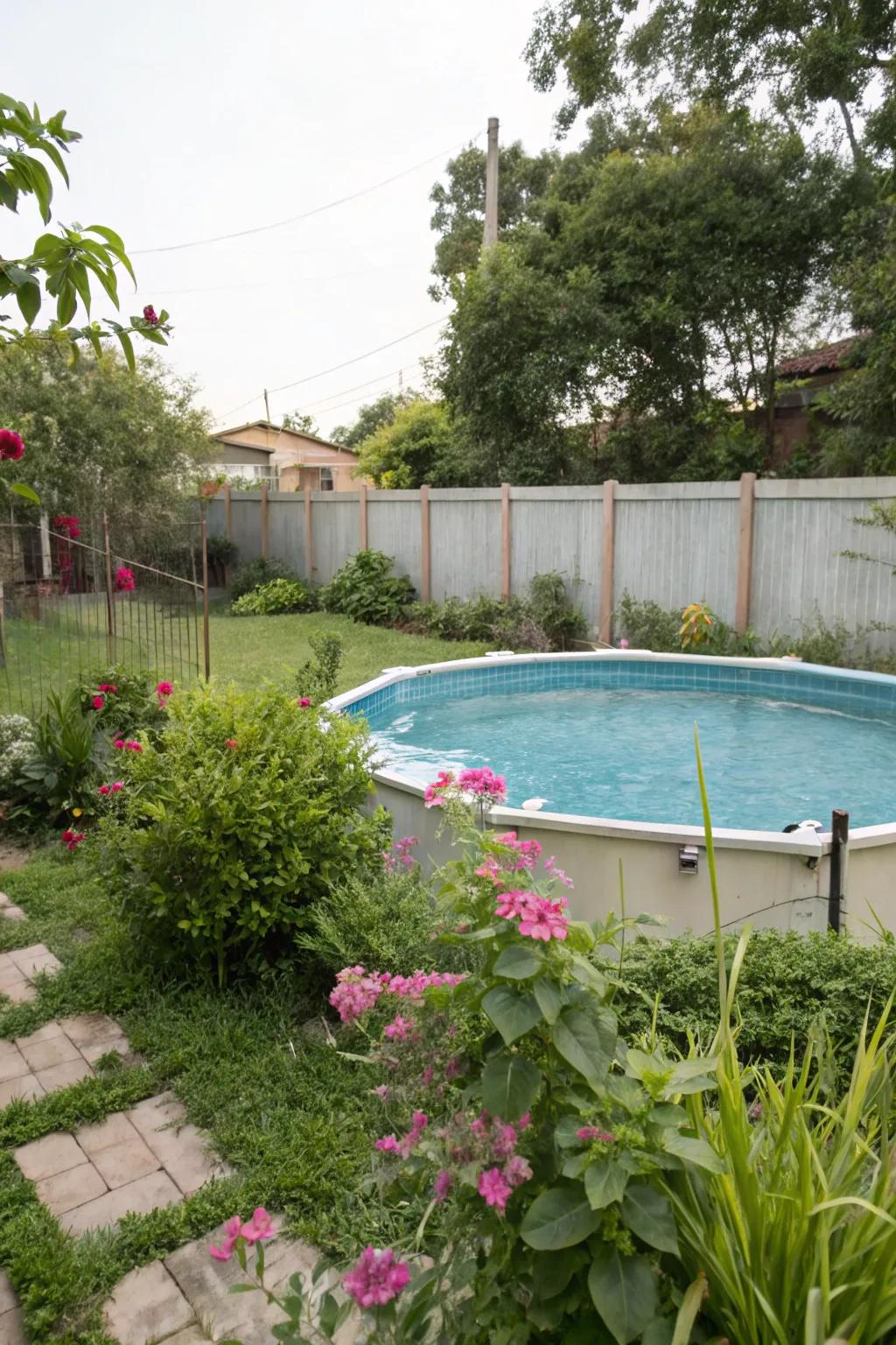 An above-ground pool enveloped by vibrant greenery and flowers, creating a peaceful retreat.