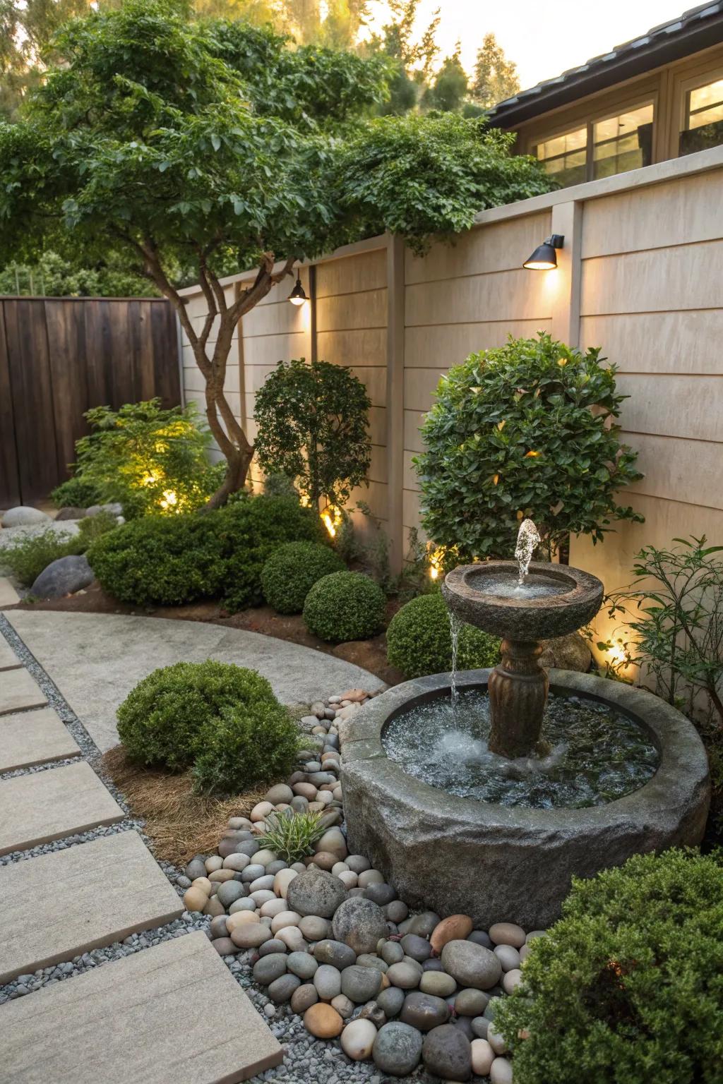 A serene backyard zen garden with a small water fountain surrounded by lush greenery.