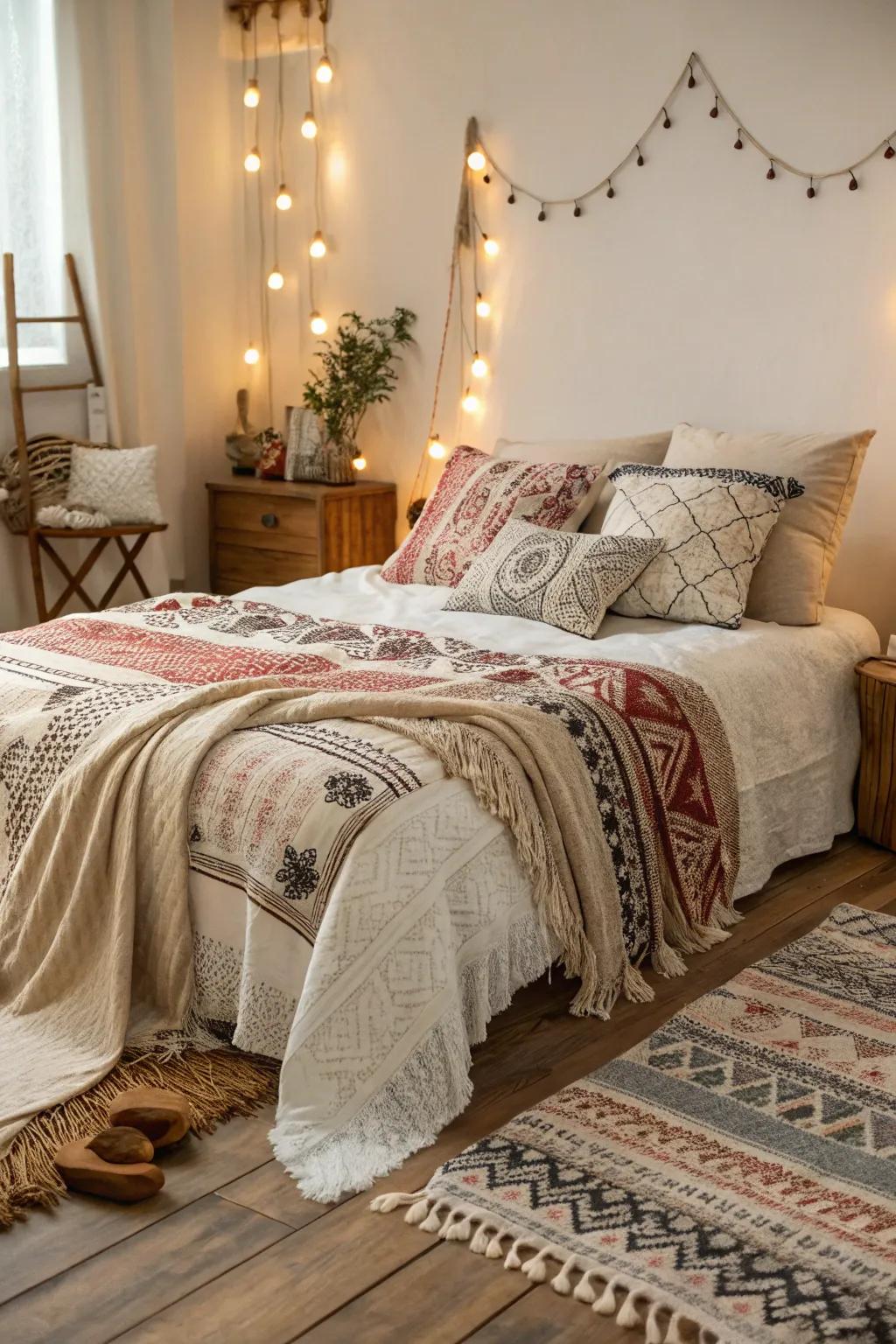 Layered textiles bring warmth and depth to this small boho bedroom