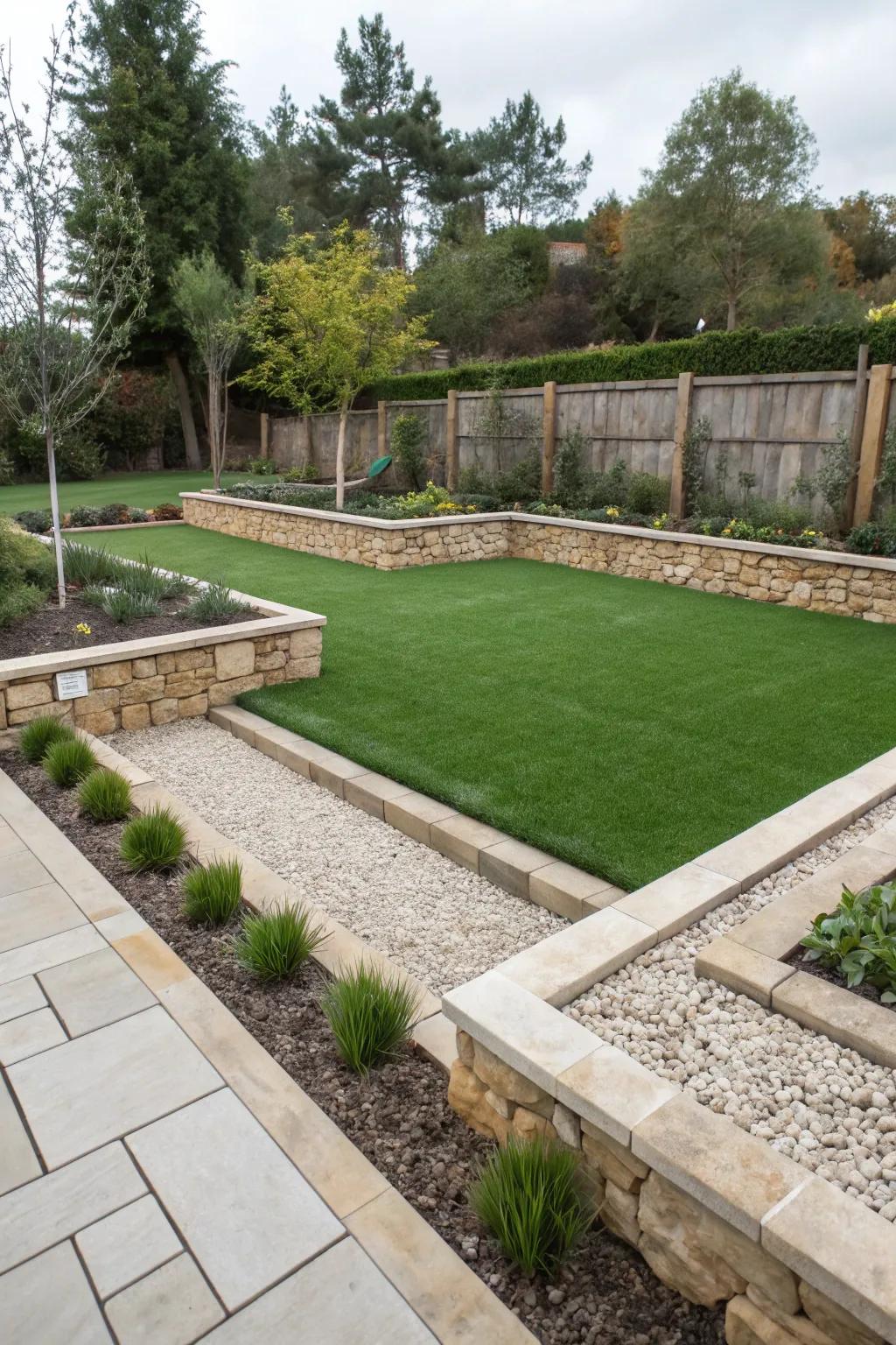 Decorative stone borders neatly defining garden spaces.