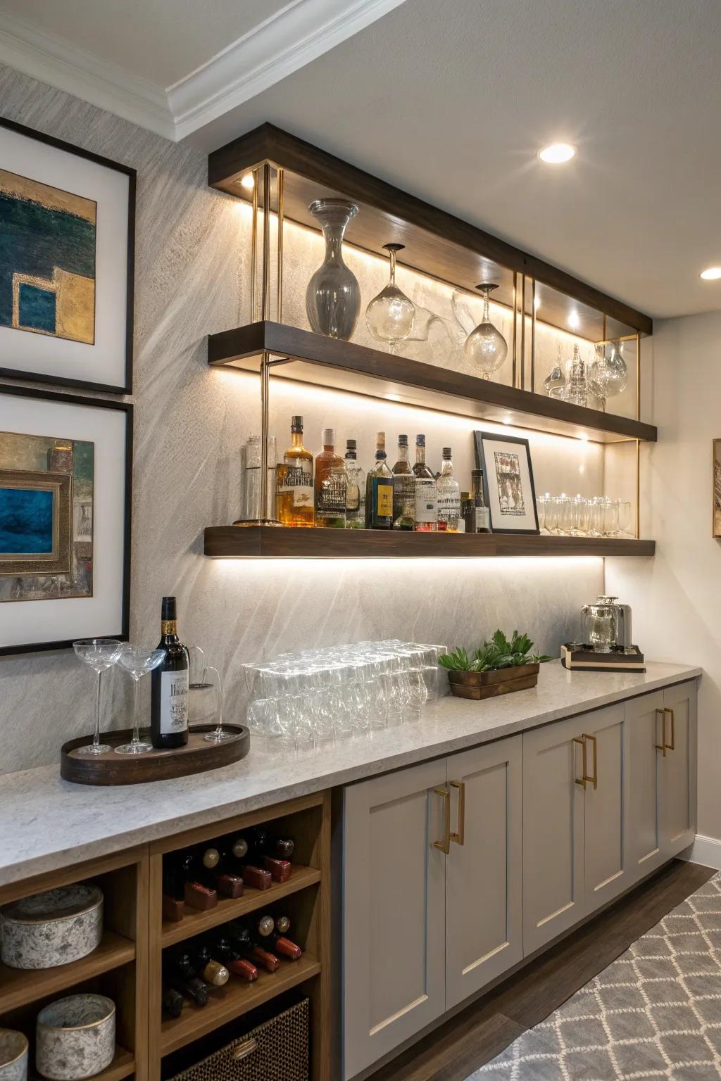 Floating shelves add a sophisticated touch to any small home bar.