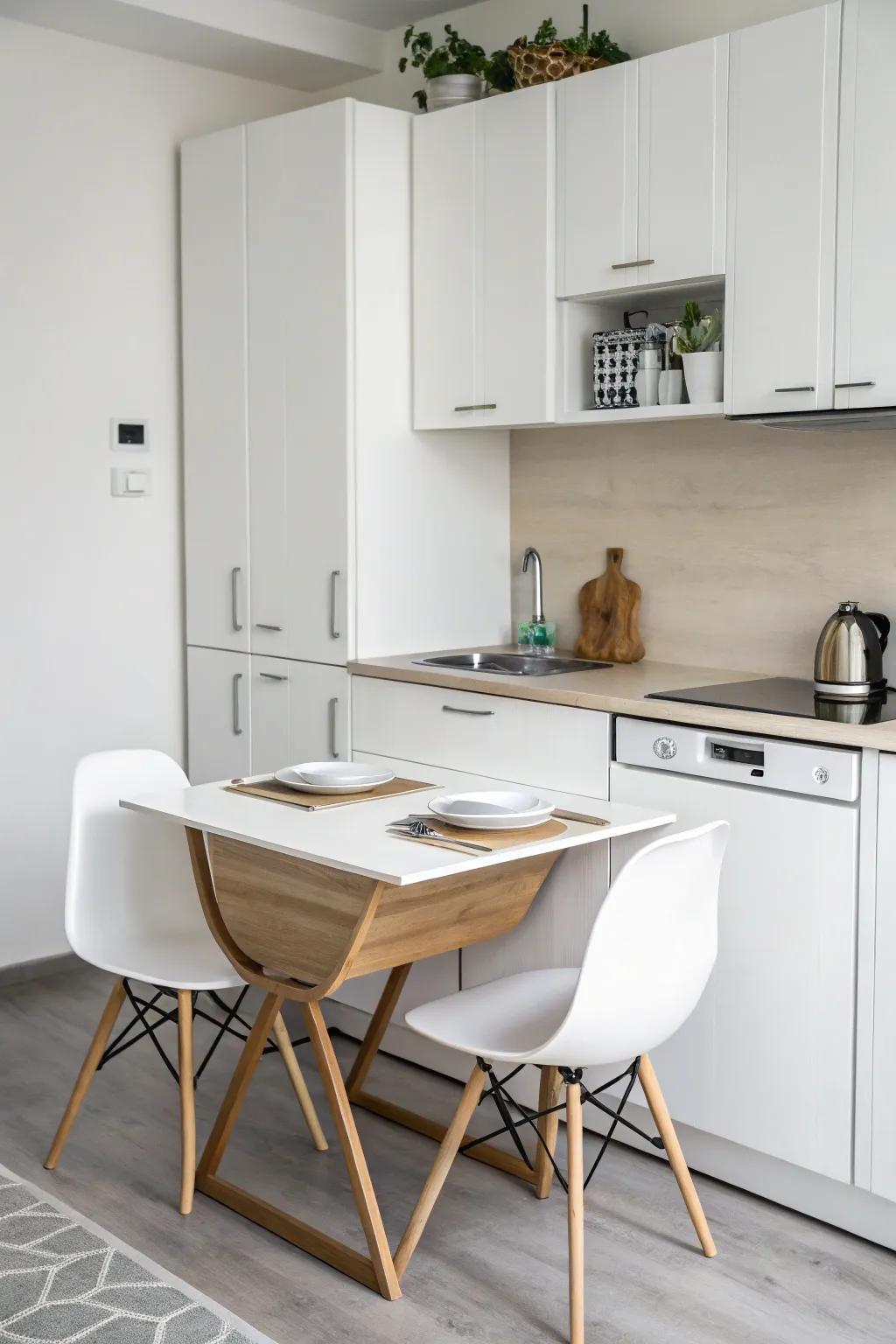 A drop-leaf table maximizes space in a small kitchen.
