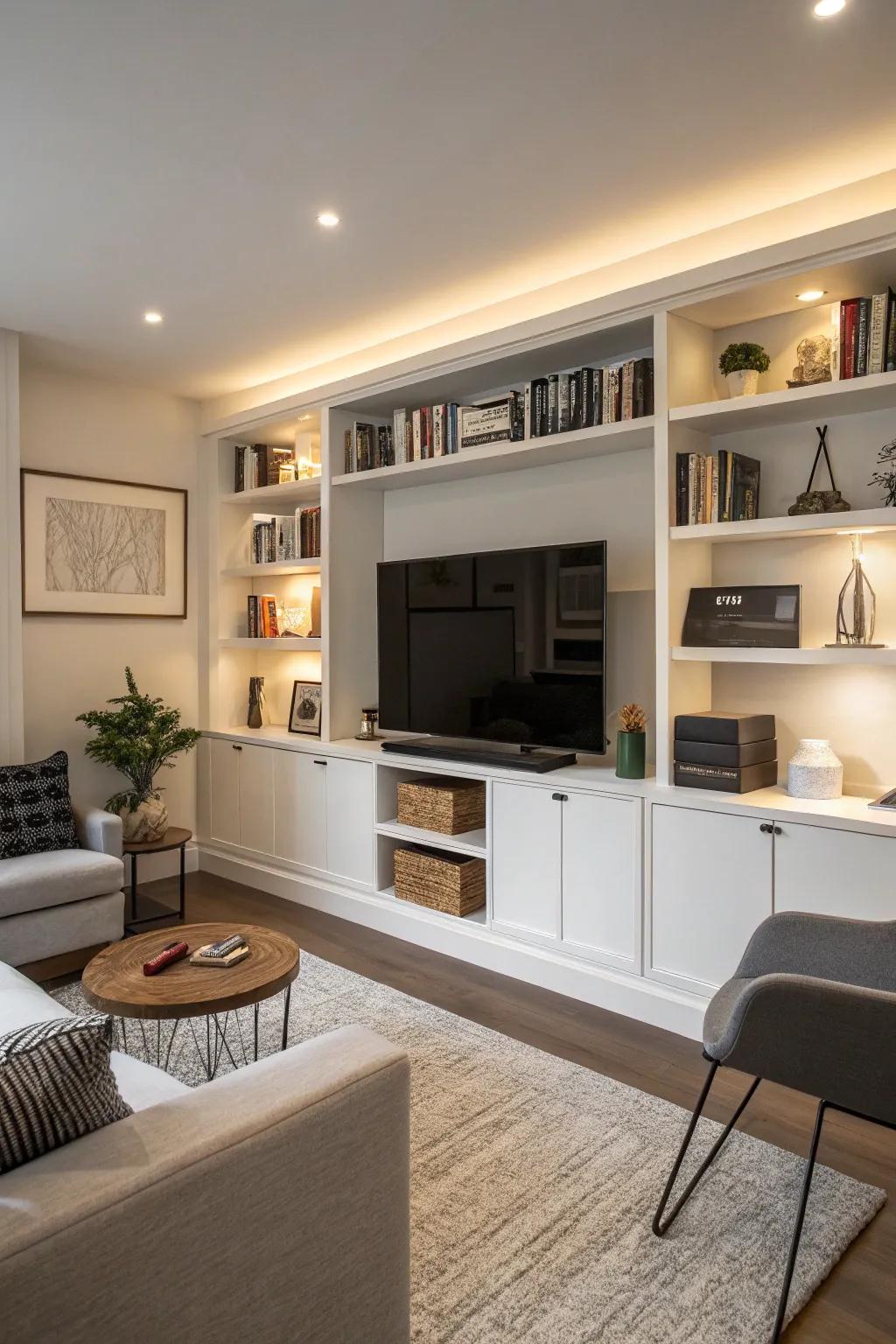 Built-in shelves provide stylish storage and make your TV feel like part of the decor.