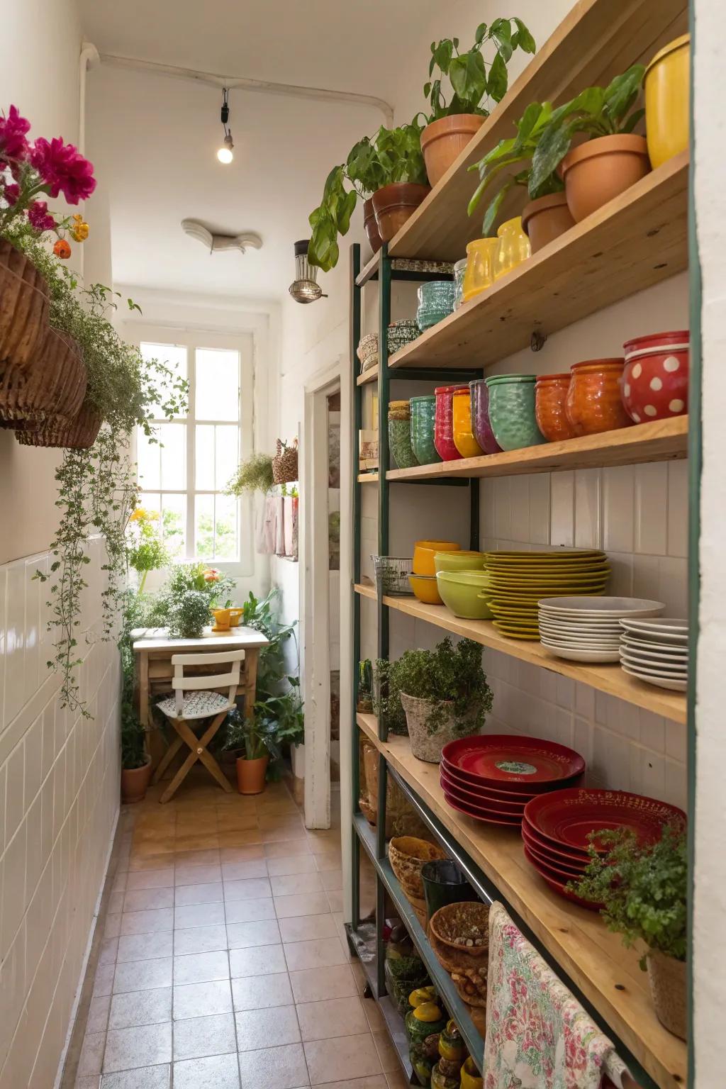 Open shelving adds character and accessibility to this kitchen.