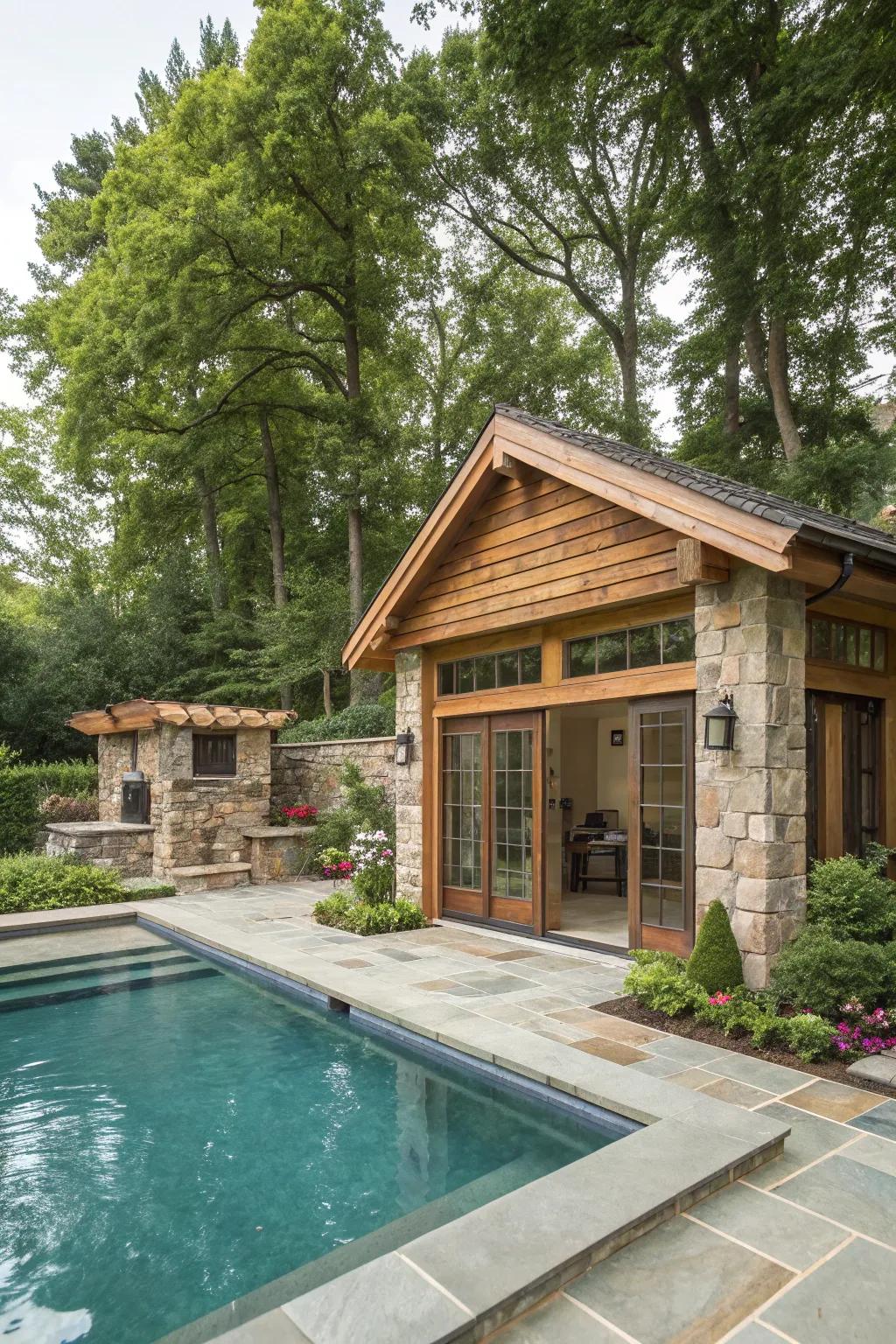 A pool house design that seamlessly integrates natural materials.