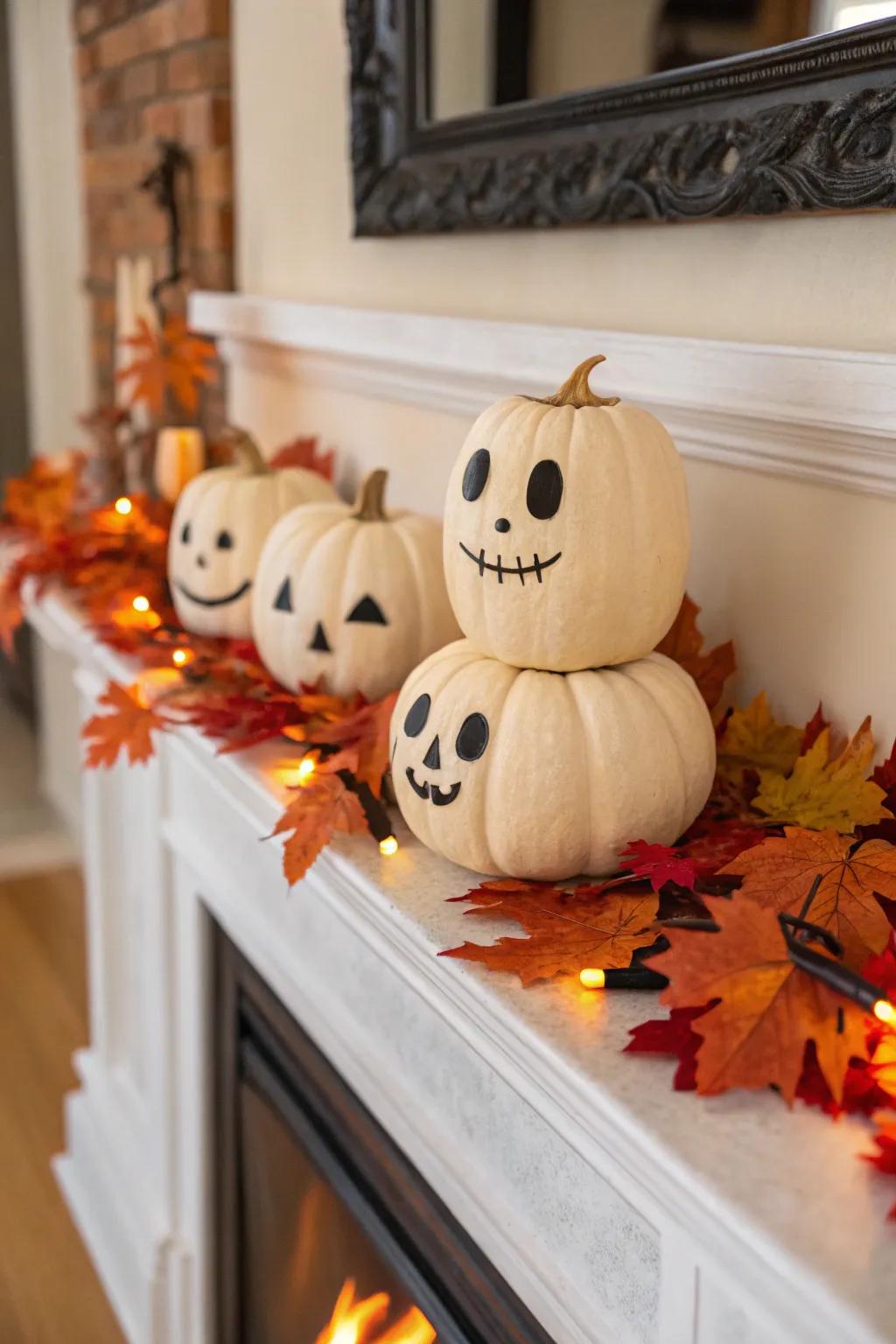 Miniature Jack-o'-lanterns with expressive faces bring Halloween charm.