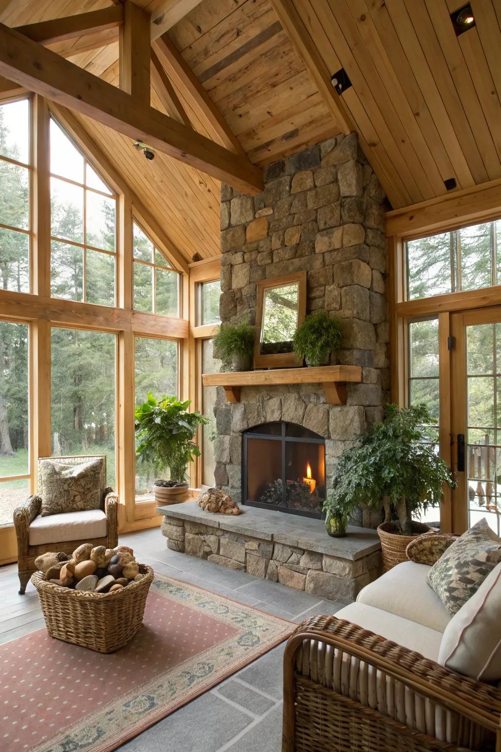 A stone fireplace adds warmth and a rustic touch to any sunroom.