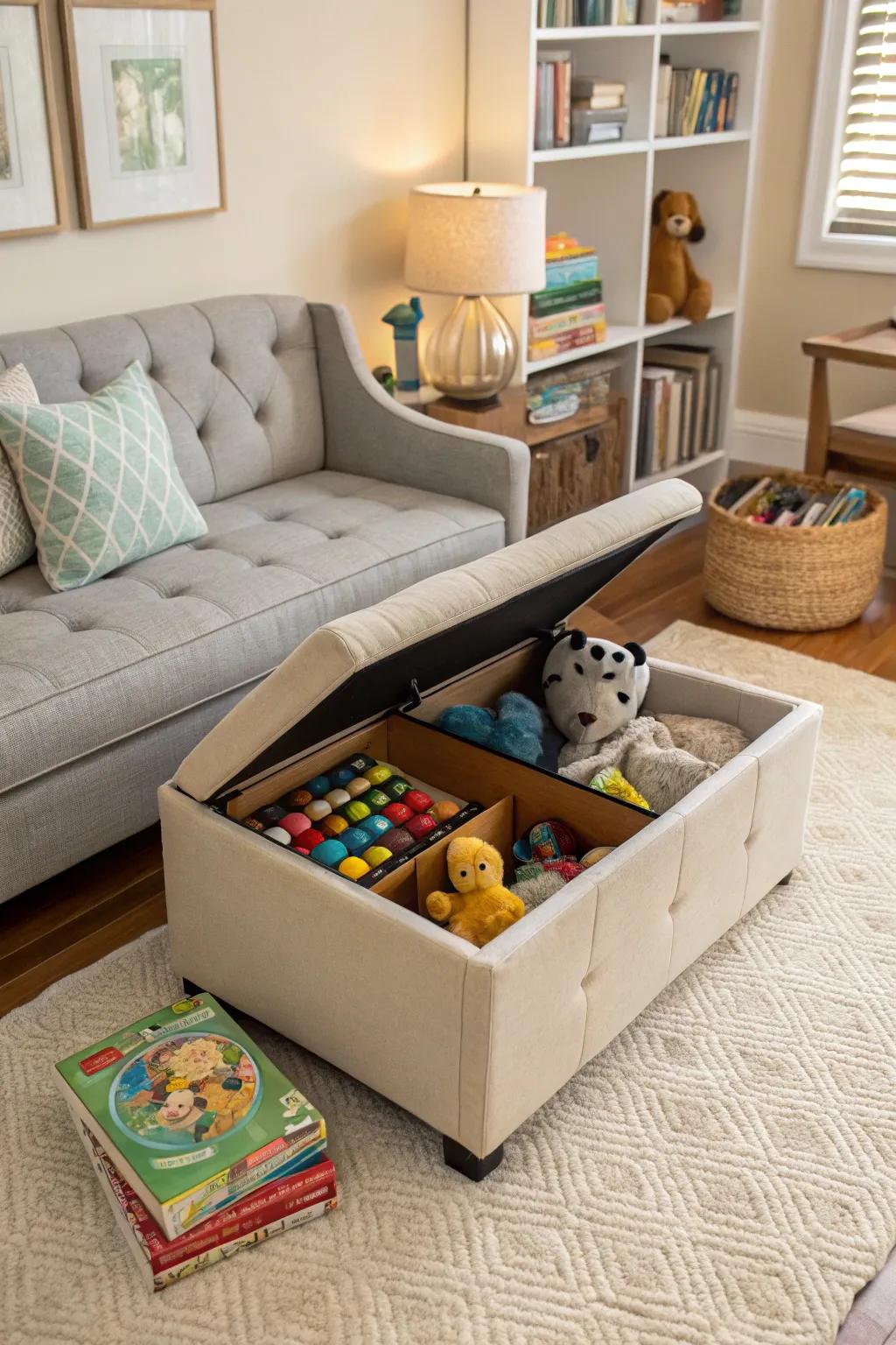 A stylish ottoman serving as hidden toy storage.