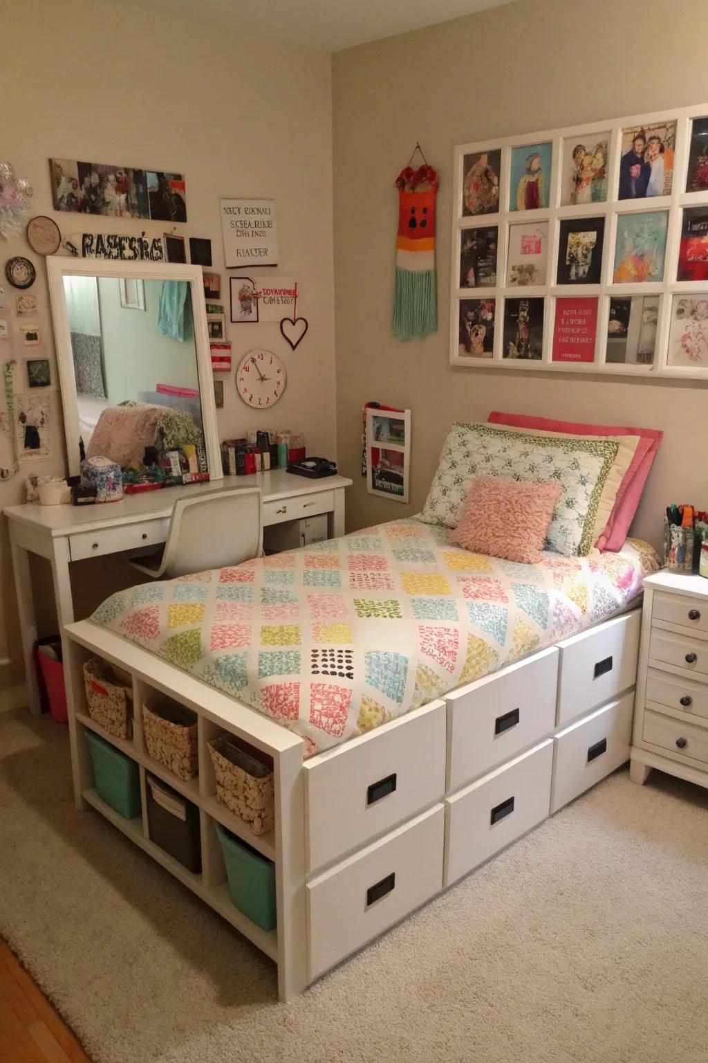 Multi-functional furniture pieces provide smart storage solutions.