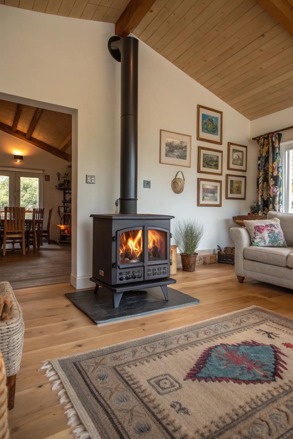 A double-sided wood stove elegantly dividing and warming an open-plan living space.