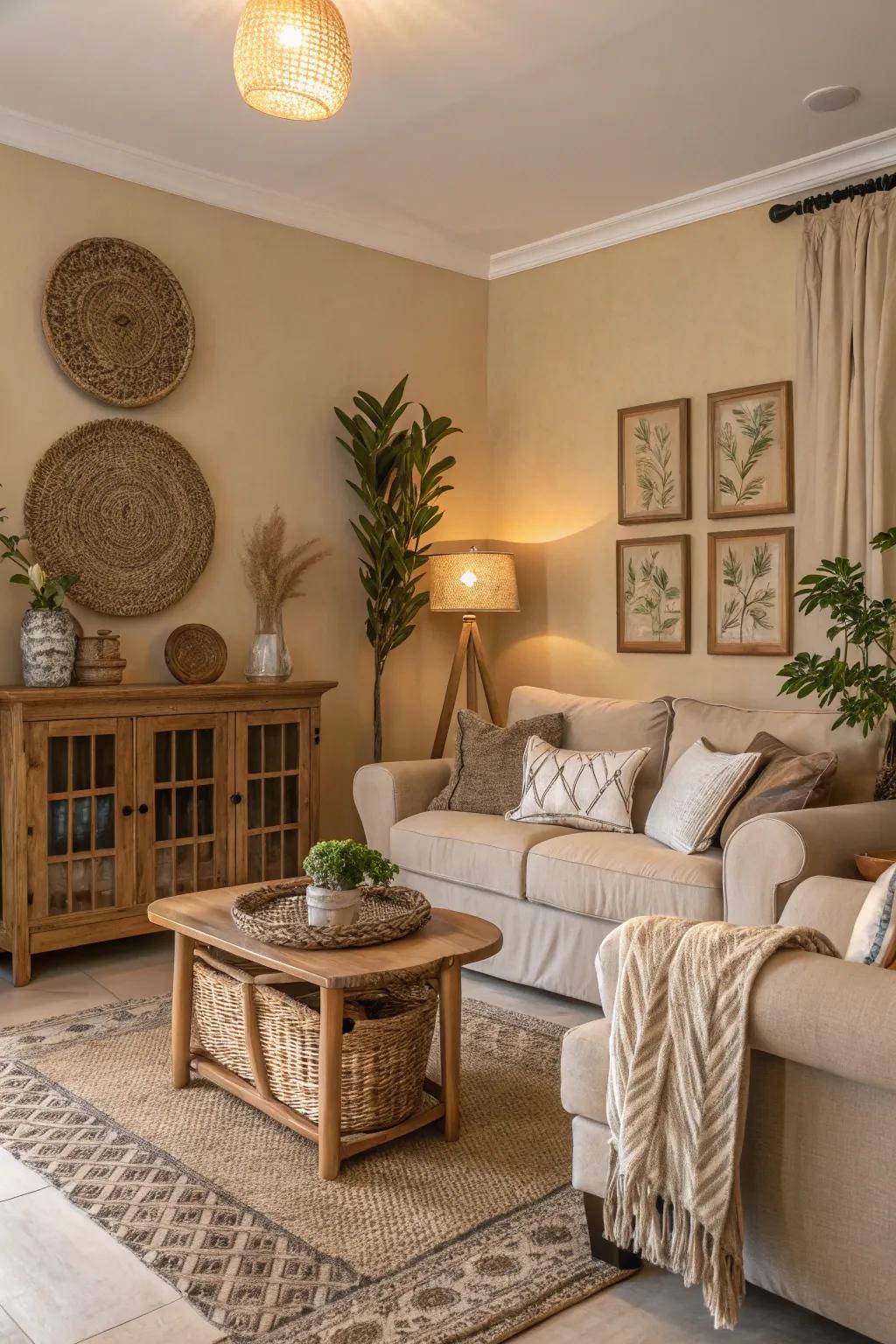 Warm neutrals create a soothing Southern ambiance.