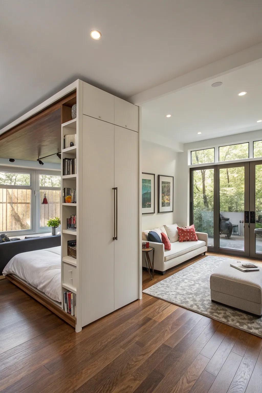 A Murphy bed neatly tucks away, offering more room for daytime activities.
