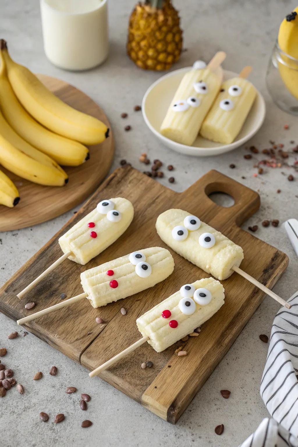 Ghostly banana pops prepared for a spooky snack time.