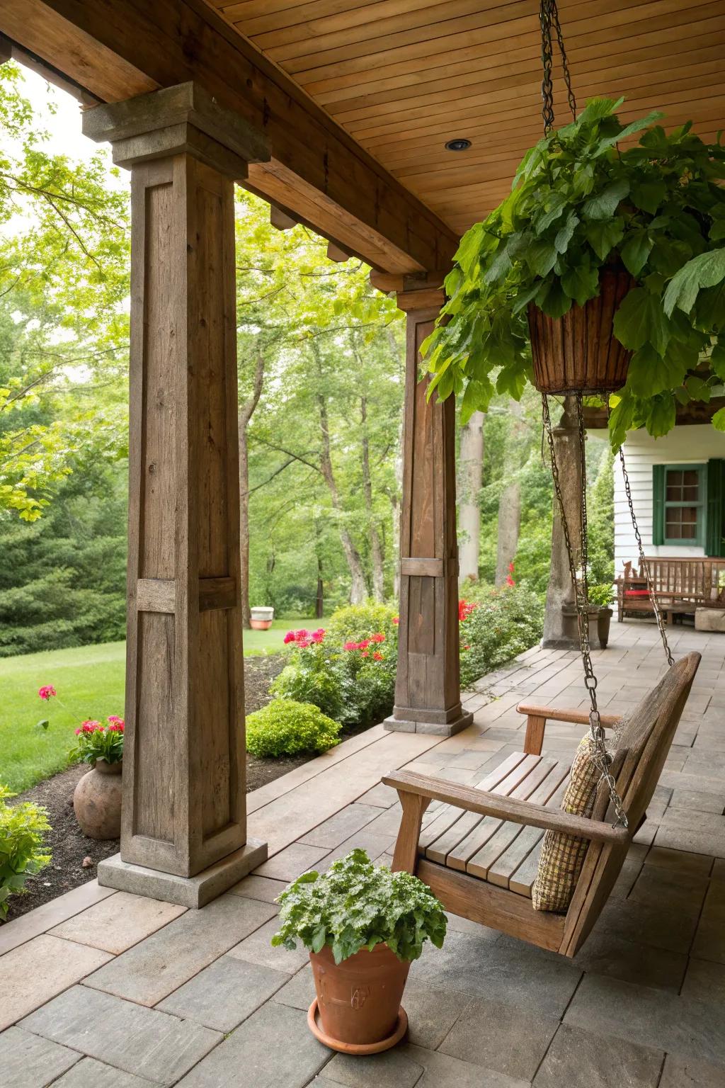 Cedar square columns bring a natural charm to this rustic porch.