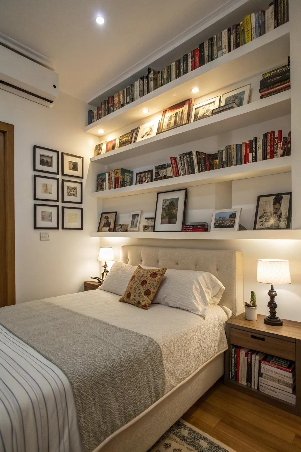 A bedroom with character, thanks to staggered shelves.