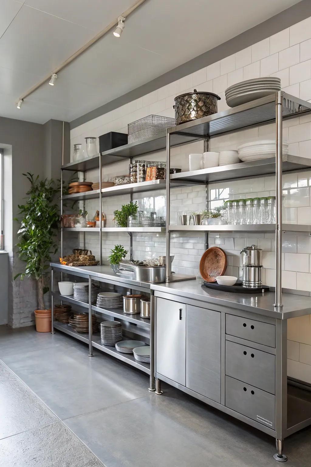 Industrial chic: stainless steel open shelving adds a touch of urban style.