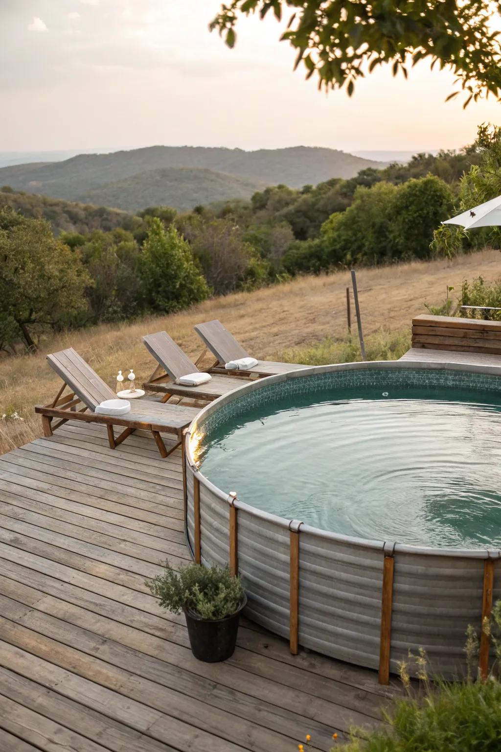 A wooden deck transforms a stock tank pool into a luxurious retreat.