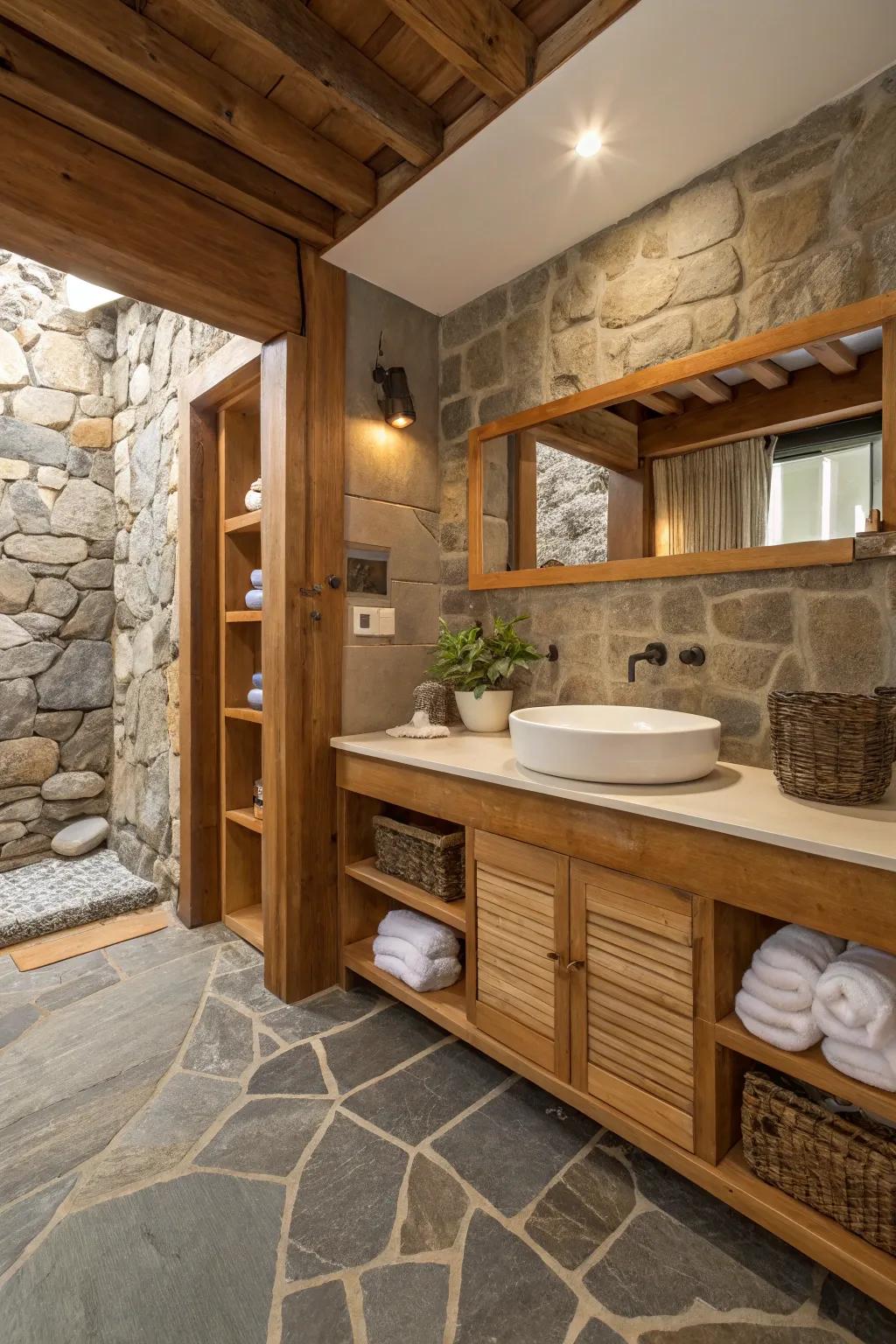 A bathroom showcasing a blend of stone and wood elements with wooden shelves and stone flooring.