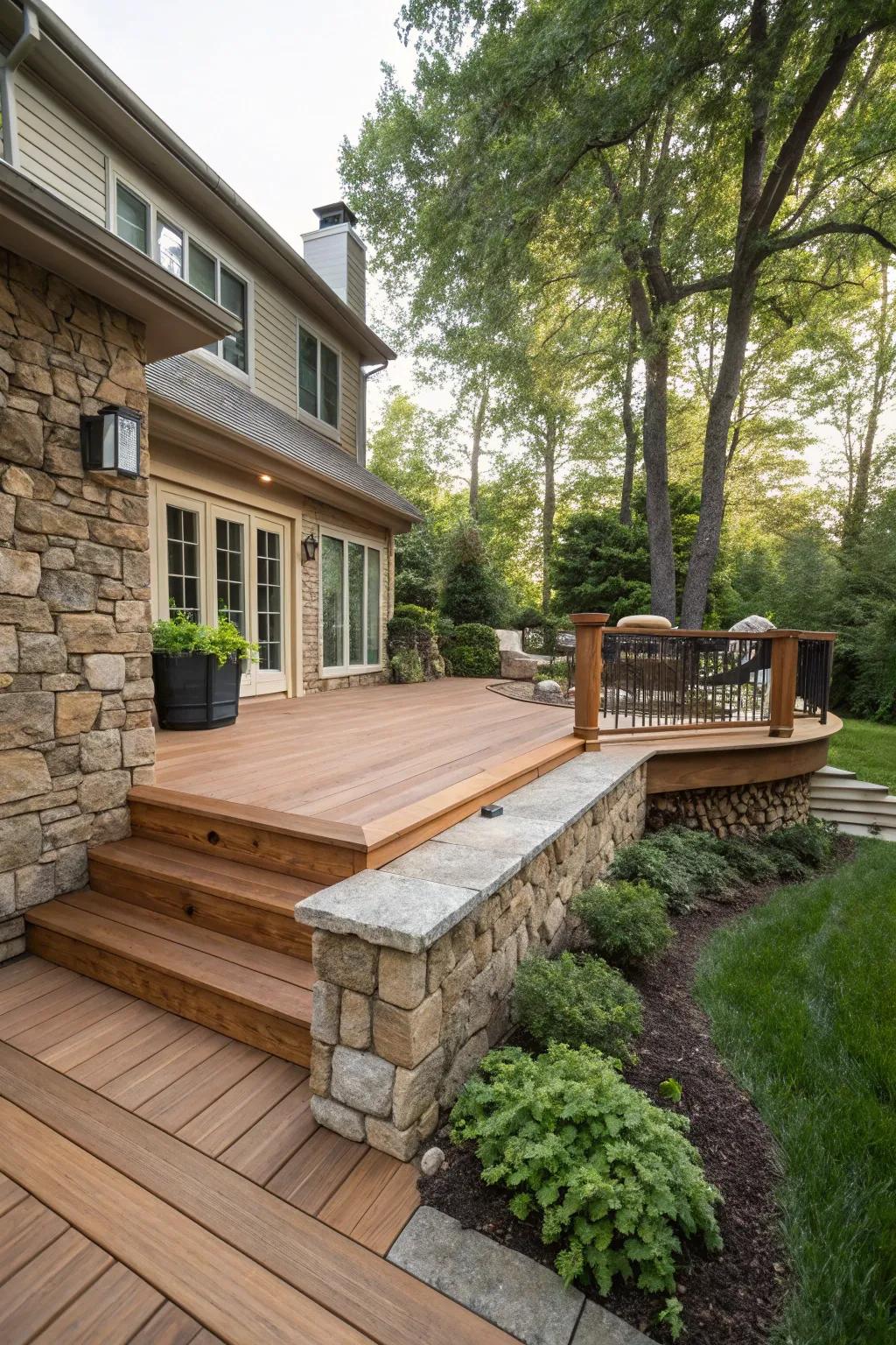 A harmonious mix of stone and wood skirting that adds rustic charm to the deck.