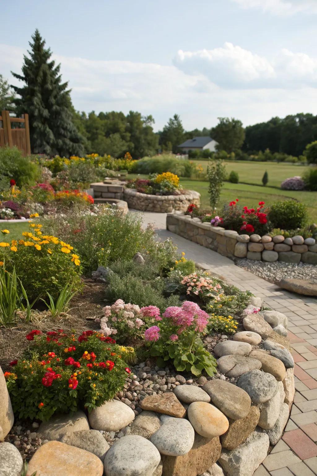 Charming stone borders defining lush garden beds.