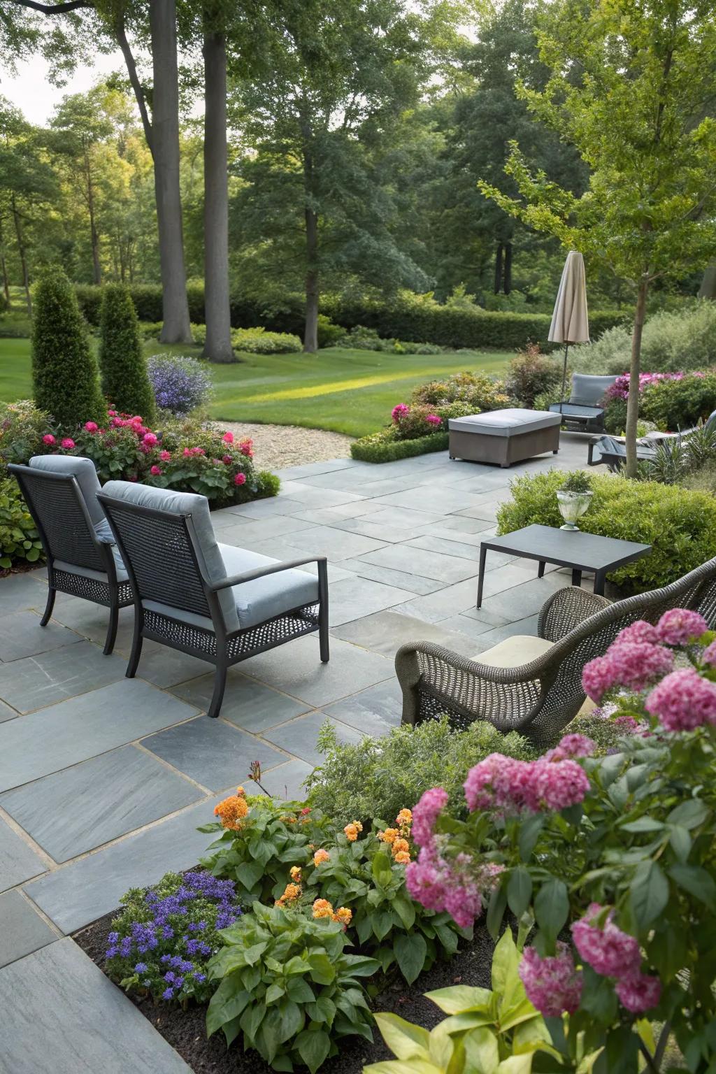 A sophisticated bluestone patio with modern aesthetics.