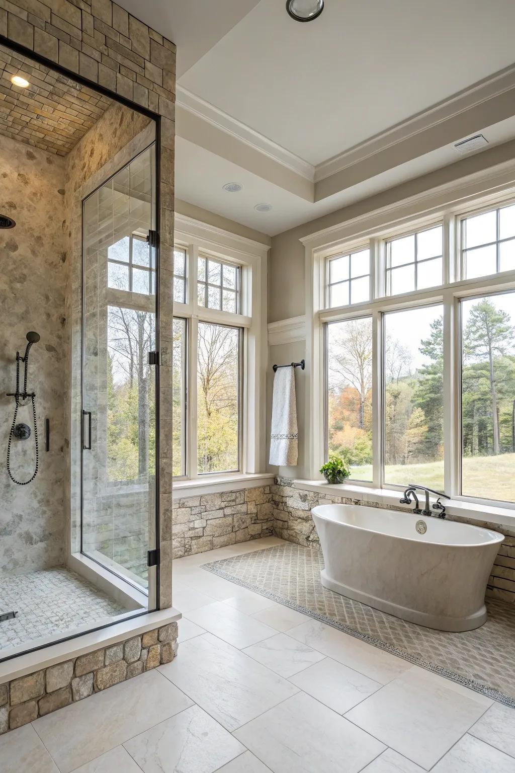 Open concept showers enhance space and natural light.