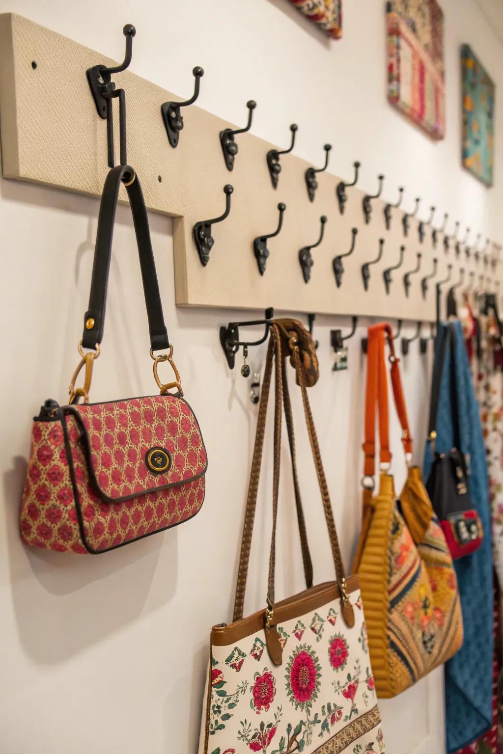 Decorative hooks elegantly displaying stylish purses.