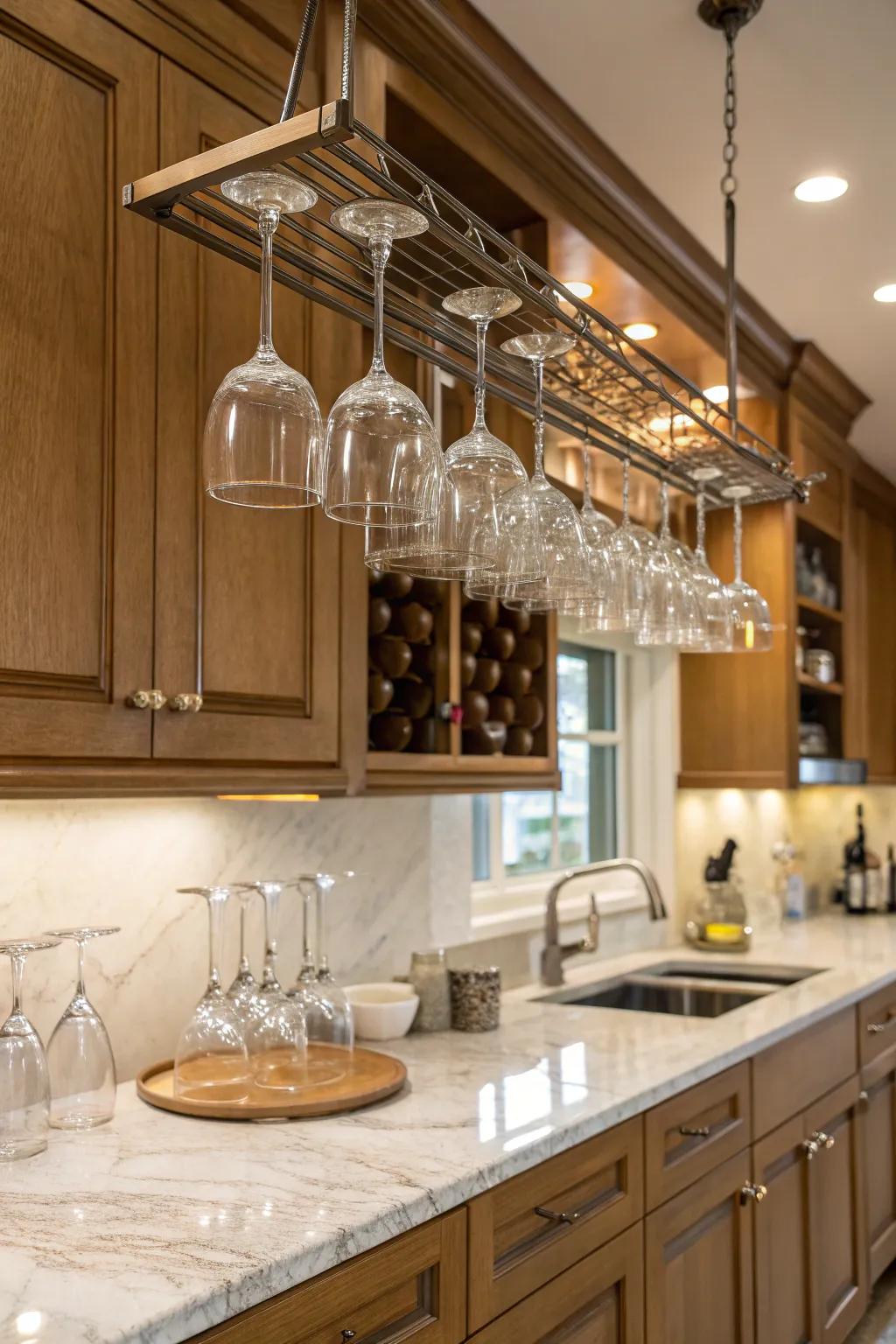 Hanging racks provide stylish and space-saving storage for stemware.