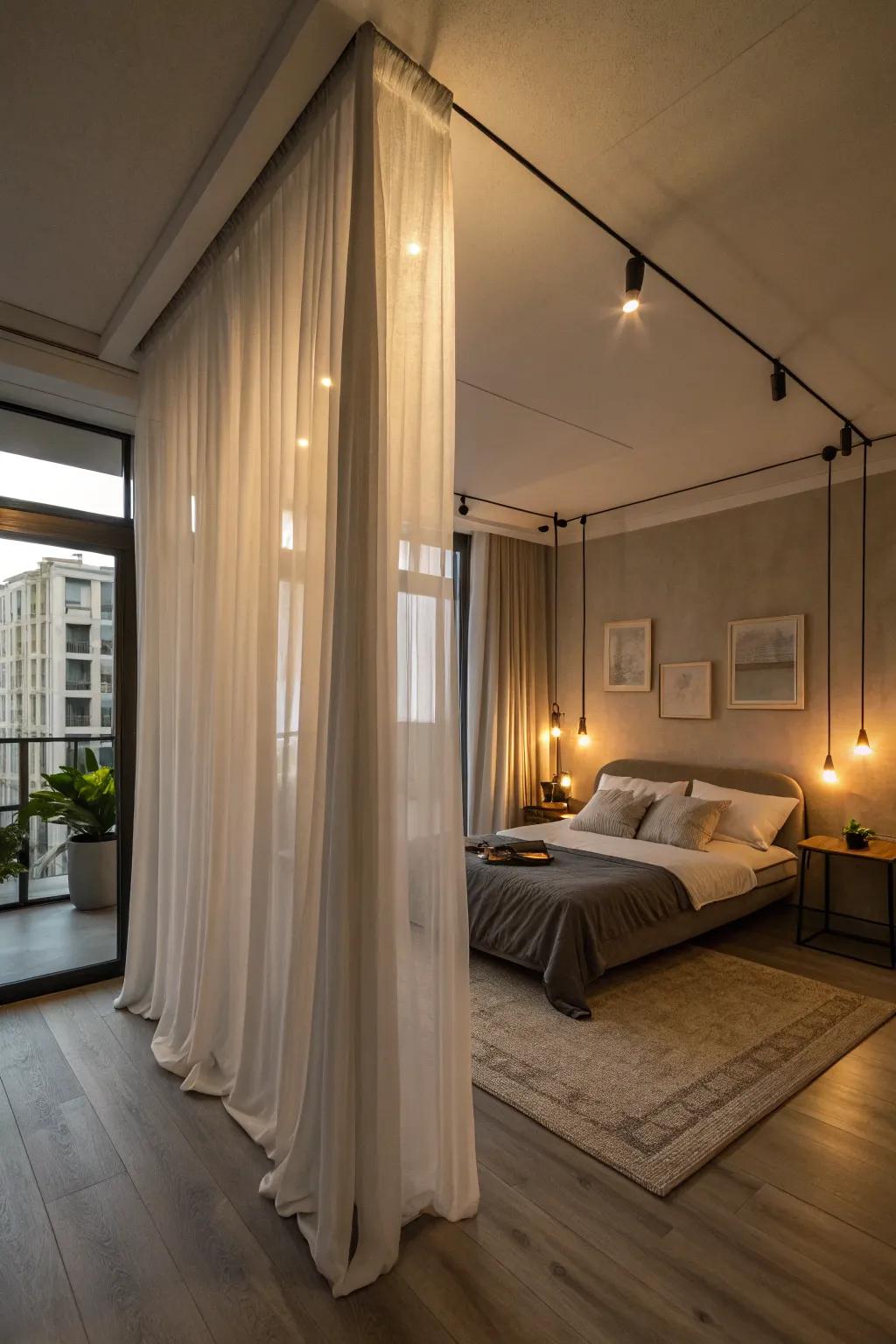 Curtains create a versatile and intimate sleeping area.