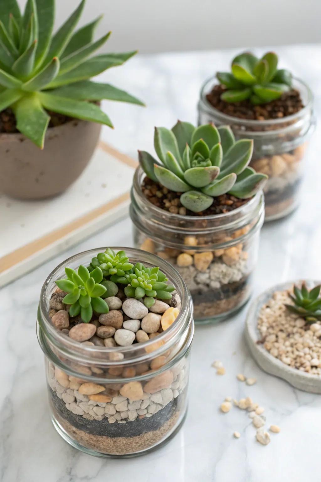 Mini terrariums in glass jars offer a contemporary twist.