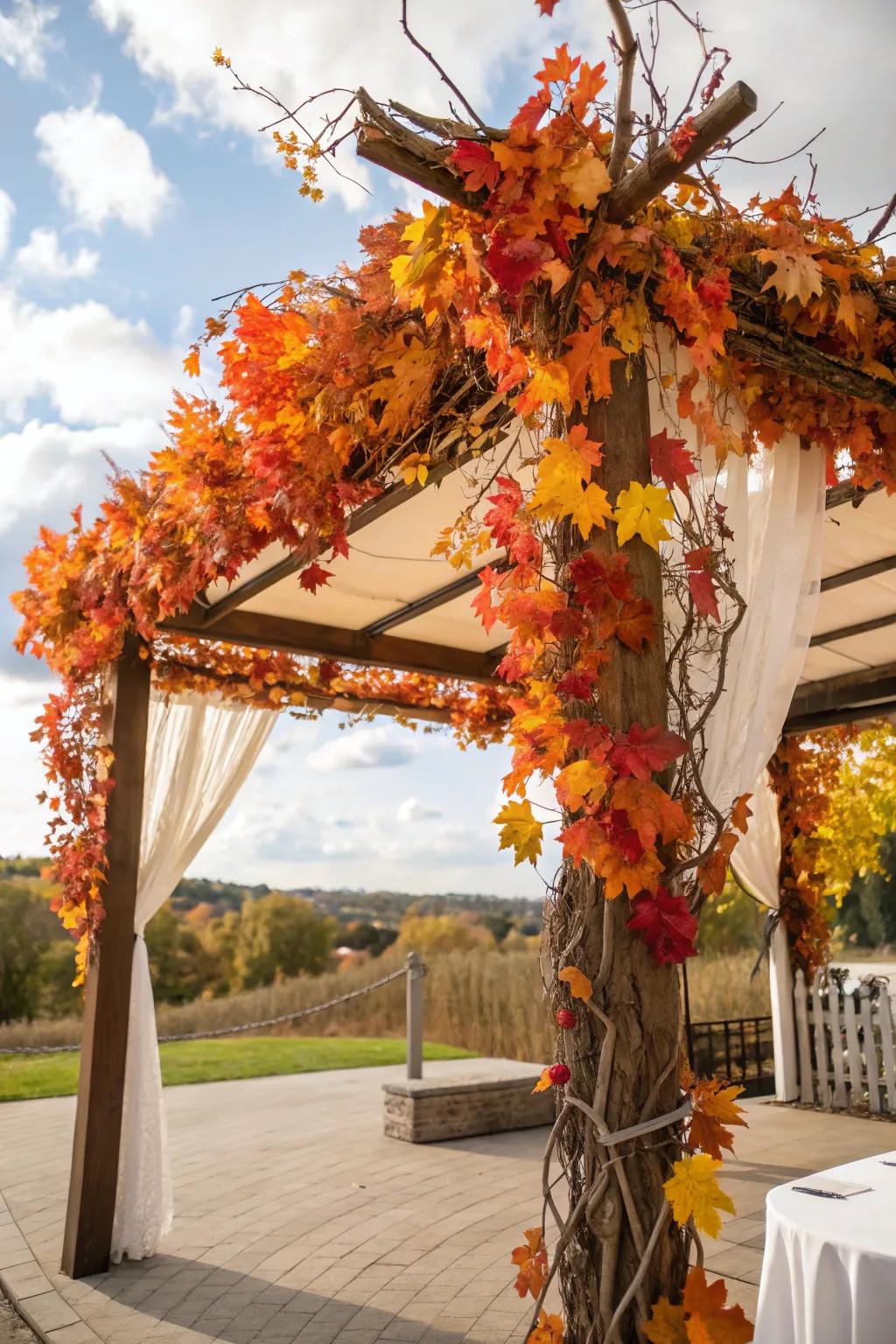 A cozy sukkah decorated with colorful autumn foliage and branches.